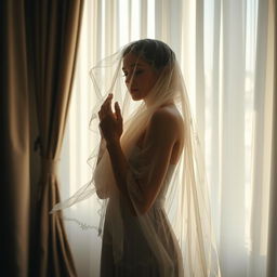 A serene and artistic depiction of a veiled woman standing in a softly illuminated room, surrounded by elegant drapery