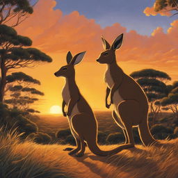 A stunning Studio Ghibli poster featuring a detailed kangaroo in an Australian outback setting during dusk.