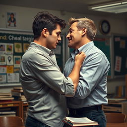 A classroom scene depicting a passionate and intense moment between a teacher and an adult partner, filled with emotion and connection