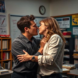 A classroom scene depicting a passionate and intense moment between a teacher and an adult partner, filled with emotion and connection