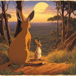 A stunning Studio Ghibli poster featuring a detailed kangaroo in an Australian outback setting during dusk.