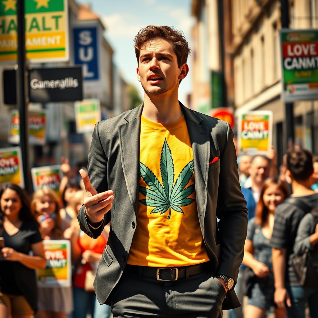 A young man campaigning for parliament, showcasing a unique blend of style by wearing a tailored suit over a vibrant cannabis-themed T-shirt adorned with a prominent cannabis leaf design