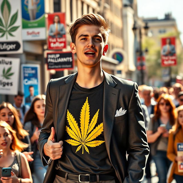 A young man campaigning for parliament, showcasing a unique blend of style by wearing a tailored suit over a vibrant cannabis-themed T-shirt adorned with a prominent cannabis leaf design