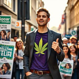 A young man campaigning for parliament, showcasing a unique blend of style by wearing a tailored suit over a vibrant cannabis-themed T-shirt adorned with a prominent cannabis leaf design