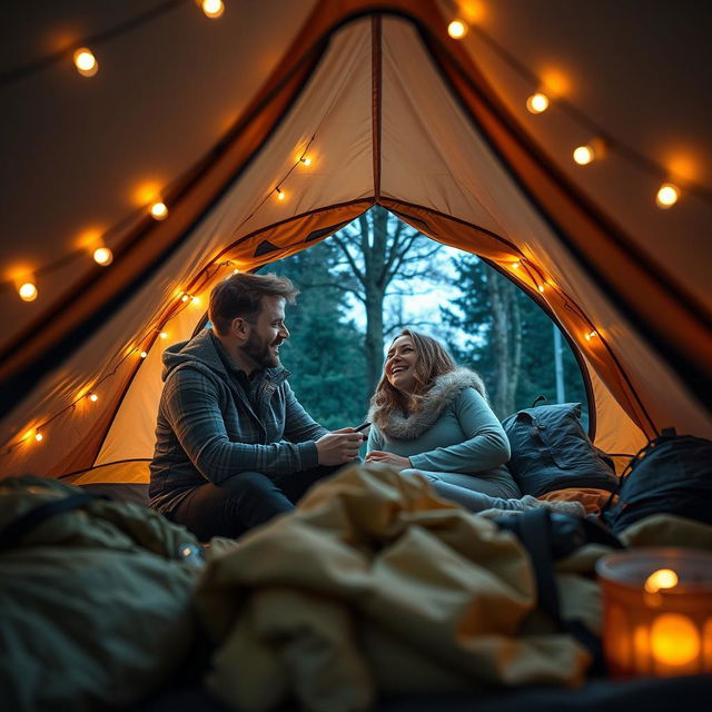 An adventurous scene featuring a teacher and an adult partner sharing a playful and intimate moment inside a cozy camping tent, surrounded by nature