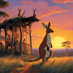 A stunning Studio Ghibli poster featuring a detailed kangaroo in an Australian outback setting during dusk.