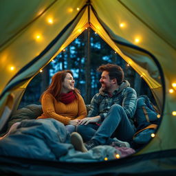 An adventurous scene featuring a teacher and an adult partner sharing a playful and intimate moment inside a cozy camping tent, surrounded by nature