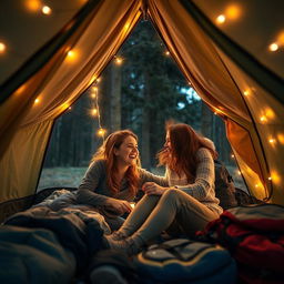 An adventurous scene featuring a teacher and an adult partner sharing a playful and intimate moment inside a cozy camping tent, surrounded by nature