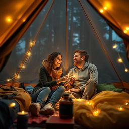 An adventurous scene featuring a teacher and an adult partner sharing a playful and intimate moment inside a cozy camping tent, surrounded by nature