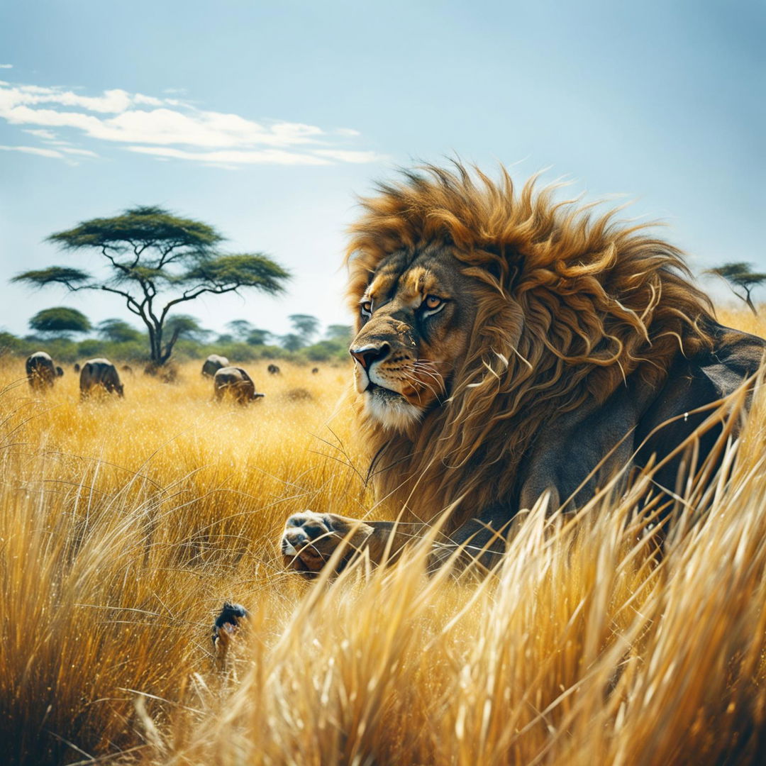 A majestic lion stalking its prey in the African savannah.