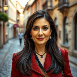 A portrait of an East European woman in her 40s, exuding confidence and grace