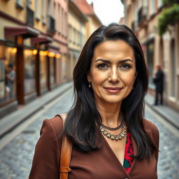 A portrait of an East European woman in her 40s, exuding confidence and grace