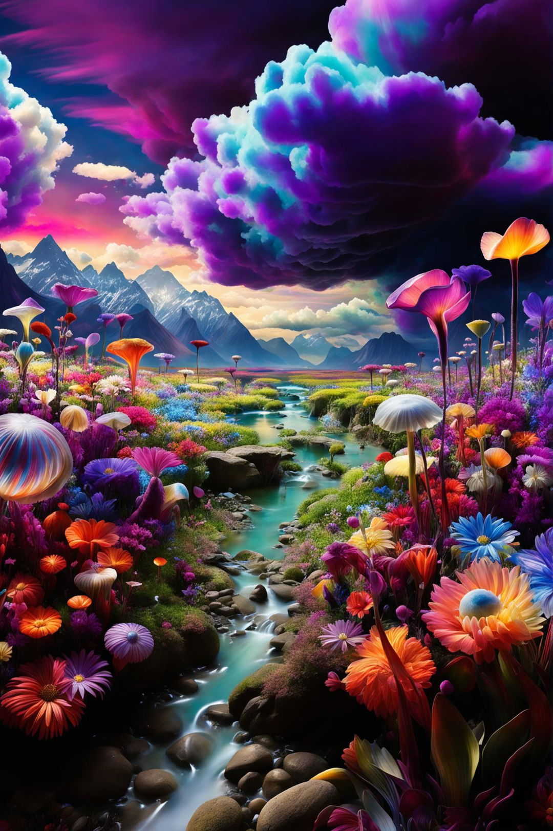 Surreal dreamscape photograph with a vibrant sky, radiant meadow flowers, a crystal-clear river flowing in impossible directions, floating mountains made up of tiny islands, all bathed in an ethereal light