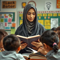 A respectful and artistic depiction of a veiled teacher engaged in a teaching moment, surrounded by books and students