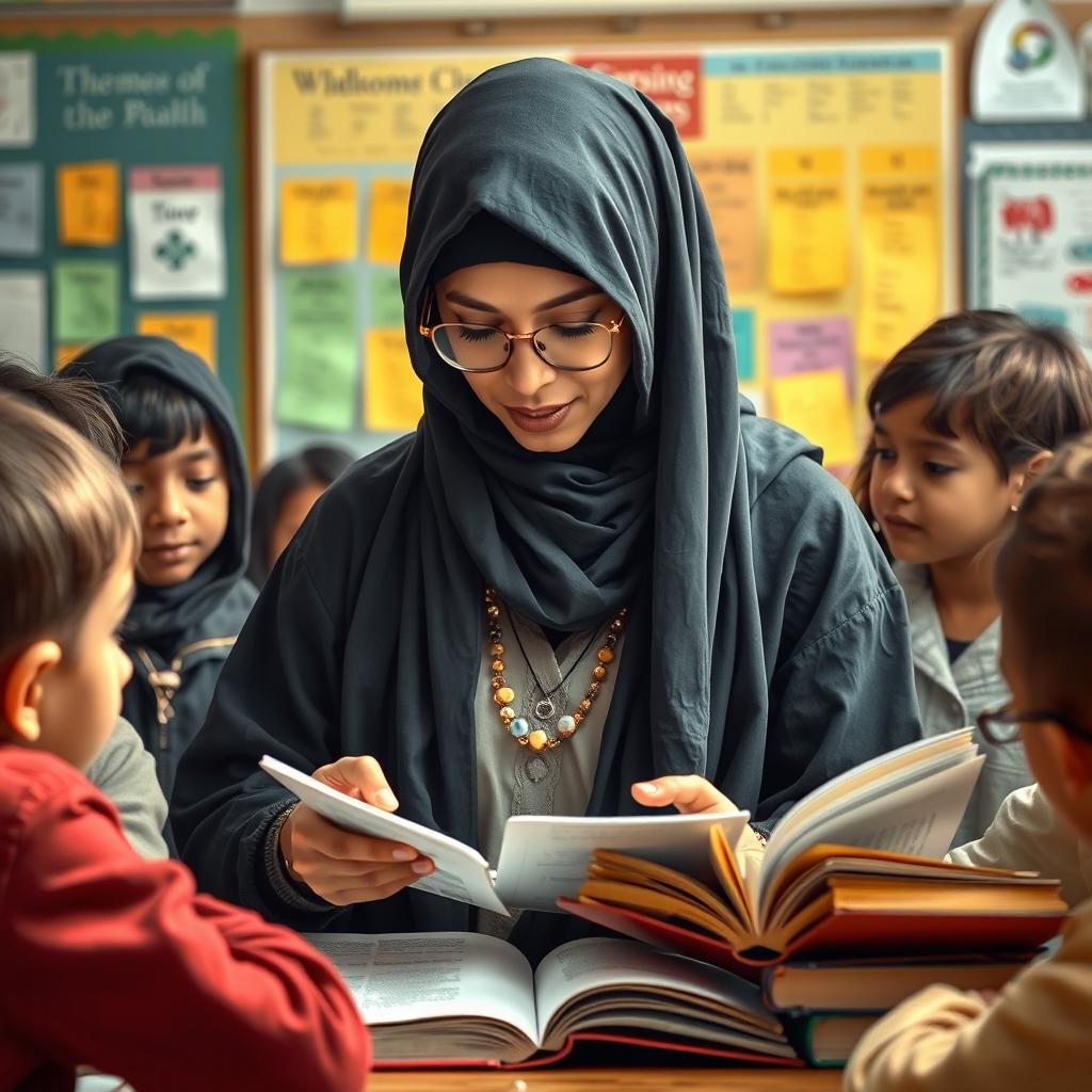 A respectful and artistic depiction of a veiled teacher engaged in a teaching moment, surrounded by books and students