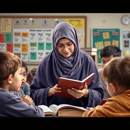 A respectful and artistic depiction of a veiled teacher engaged in a teaching moment, surrounded by books and students
