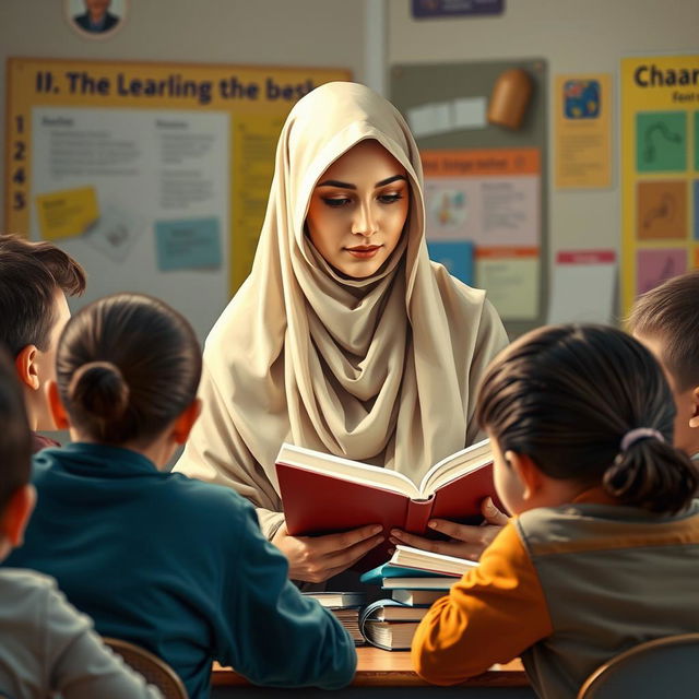 A respectful and artistic depiction of a veiled teacher engaged in a teaching moment, surrounded by books and students