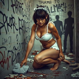 A resigned mature brunette maid in a bikini, positioned on all fours scrubbing a tagged bathroom wall