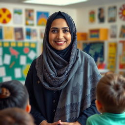 A serene and inspiring portrait of a veiled teacher named Kiram, standing confidently in a classroom filled with educational materials