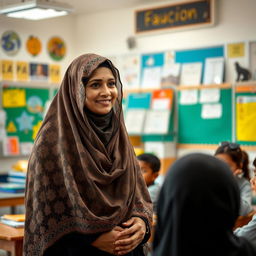 A serene and inspiring portrait of a veiled teacher named Kiram, standing confidently in a classroom filled with educational materials