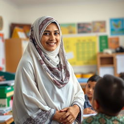 A serene and inspiring portrait of a veiled teacher named Kiram, standing confidently in a classroom filled with educational materials