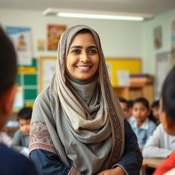 A serene and inspiring portrait of a veiled teacher named Kiram, standing confidently in a classroom filled with educational materials