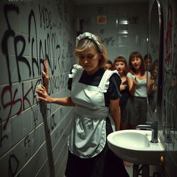 A sad mature maid, dressed in a classic uniform, scrubbing a tagged bathroom wall