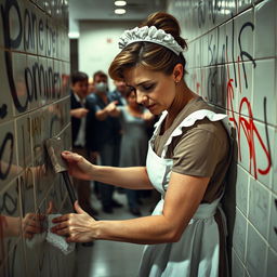 A sad mature maid, dressed in a classic uniform, scrubbing a tagged bathroom wall