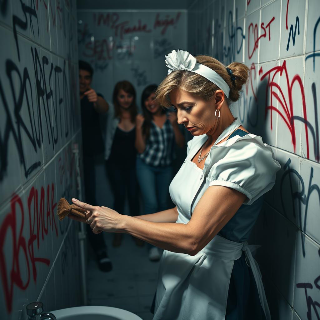 A sad mature maid, dressed in a classic uniform, scrubbing a tagged bathroom wall