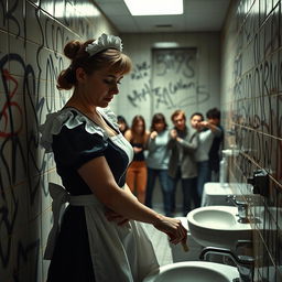A sad mature maid, dressed in a classic uniform, scrubbing a tagged bathroom wall