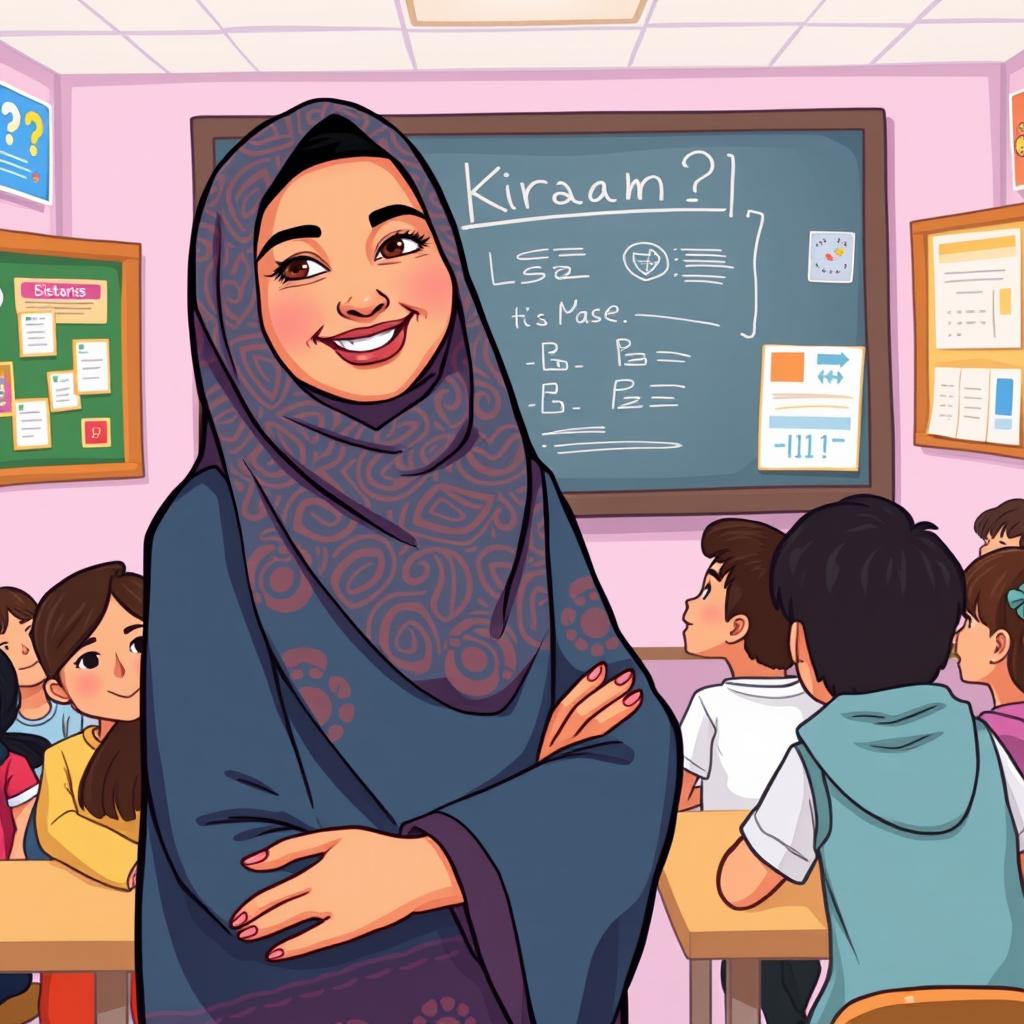 A vibrant and inspiring illustration of Kiram, a veiled teacher, standing in front of a classroom filled with eager students