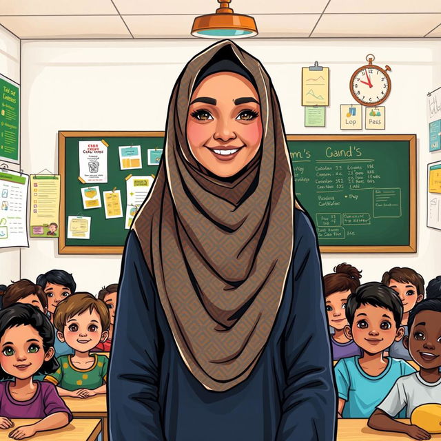 A vibrant and inspiring illustration of Kiram, a veiled teacher, standing in front of a classroom filled with eager students