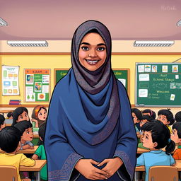 A vibrant and inspiring illustration of Kiram, a veiled teacher, standing in front of a classroom filled with eager students