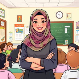 A vibrant and inspiring illustration of Kiram, a veiled teacher, standing in front of a classroom filled with eager students