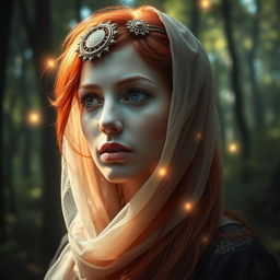 A captivating scene featuring a woman human oracle with striking red hair, adorned with a delicate veil either draped across her hair or wrapped around her jaw