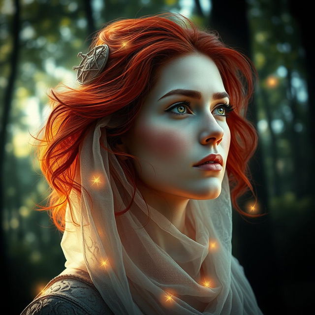 A captivating scene featuring a woman human oracle with striking red hair, adorned with a delicate veil either draped across her hair or wrapped around her jaw