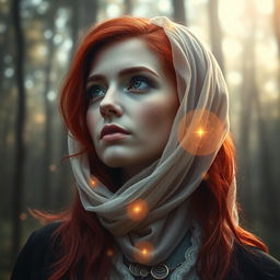 A captivating scene featuring a woman human oracle with striking red hair, adorned with a delicate veil either draped across her hair or wrapped around her jaw