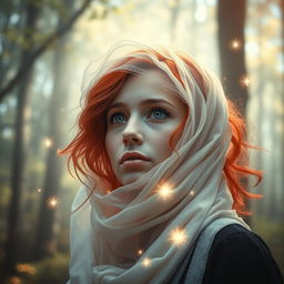 A captivating scene featuring a woman human oracle with striking red hair, adorned with a delicate veil either draped across her hair or wrapped around her jaw