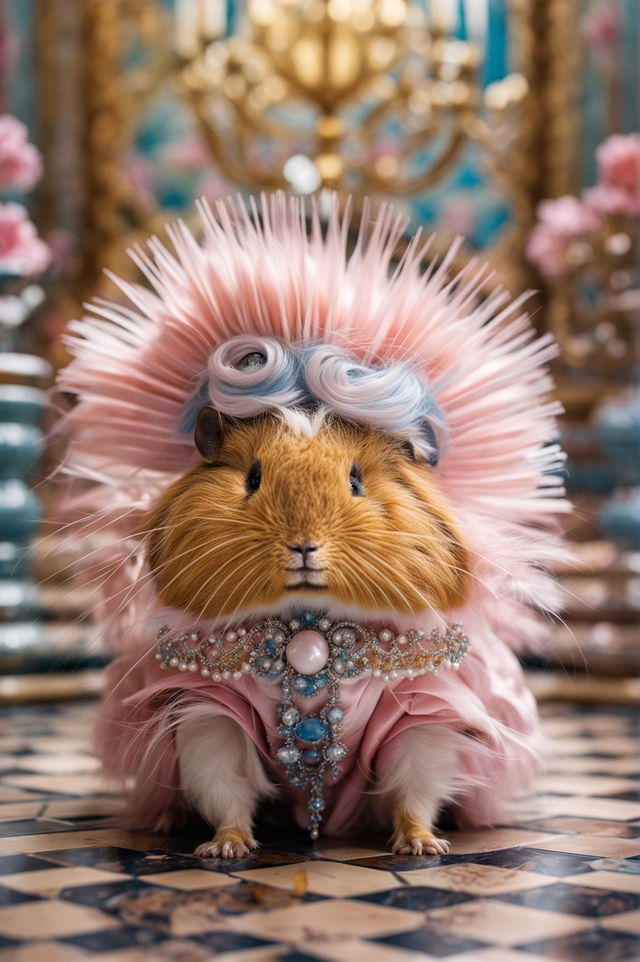 A pink guinea pig wearing a blue wig in an ornate Rococo-style enclosure.