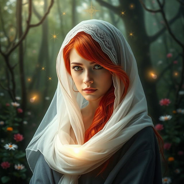 A mystical scene featuring a woman human oracle with vibrant red hair, elegantly draped with a delicate veil either cascading over her hair or gently wrapped around her jaw