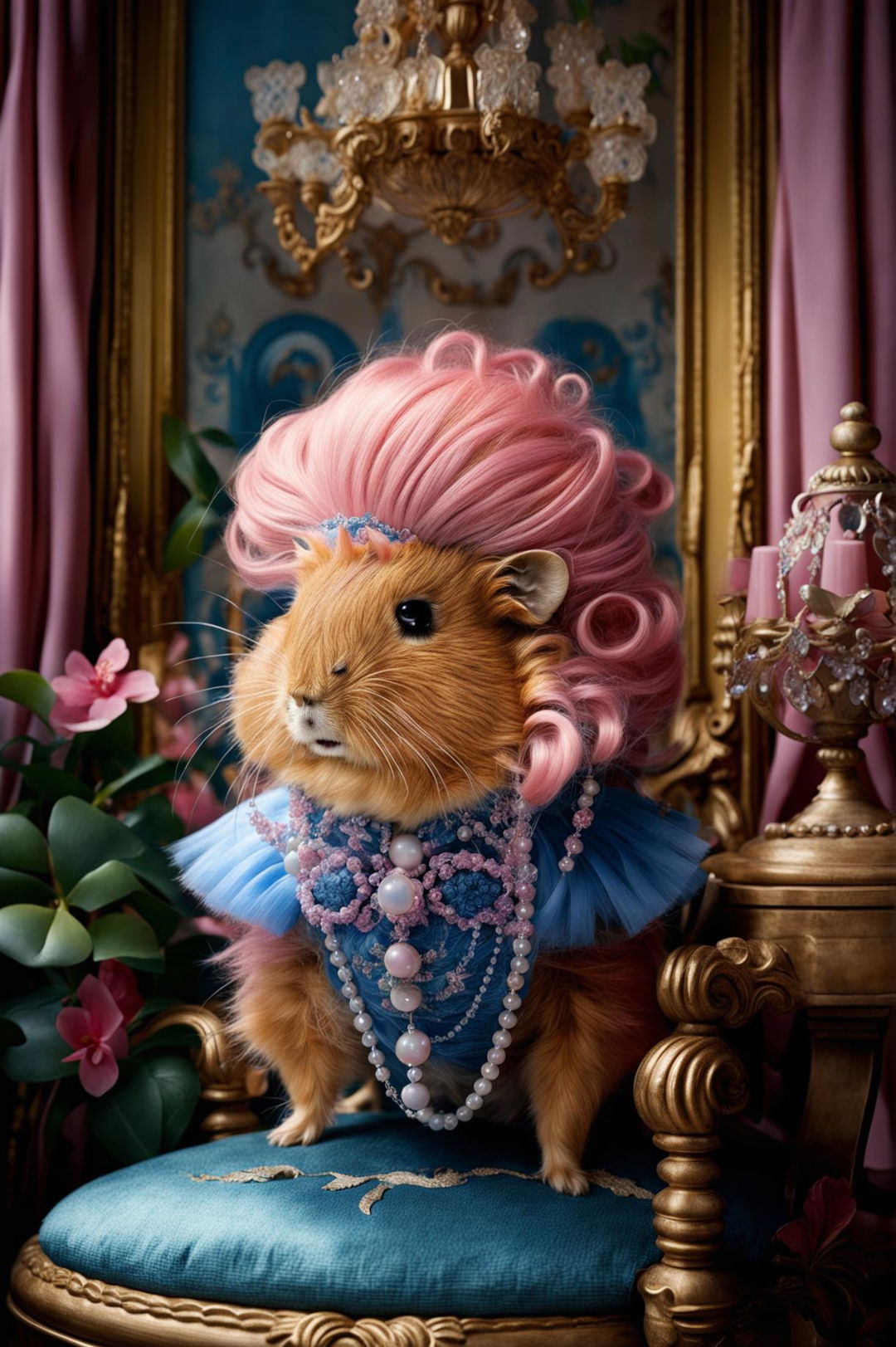 Pink guinea pig with blue Rococo-style wig in an ornate Rococo enclosure.