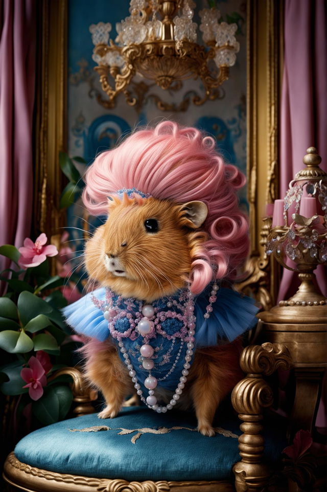 Pink guinea pig with blue Rococo-style wig in an ornate Rococo enclosure.