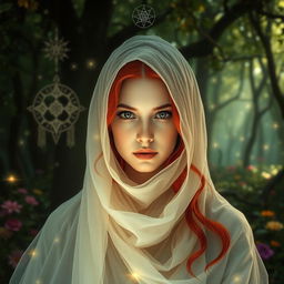 A mystical scene featuring a woman human oracle with vibrant red hair, elegantly draped with a delicate veil either cascading over her hair or gently wrapped around her jaw