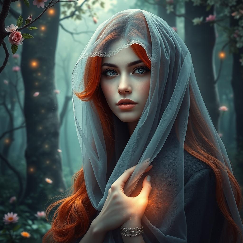 A mystical scene featuring a woman human oracle with vibrant red hair, elegantly draped with a delicate veil either cascading over her hair or gently wrapped around her jaw