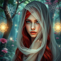 A mystical scene featuring a woman human oracle with vibrant red hair, elegantly draped with a delicate veil either cascading over her hair or gently wrapped around her jaw