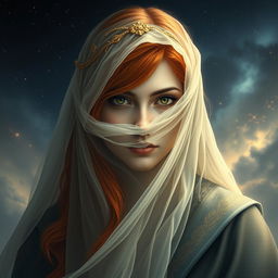 A mystical woman oracle with striking long red hair, partially hidden under an ethereal veil that flows gracefully around her jaw, creating an aura of mystery