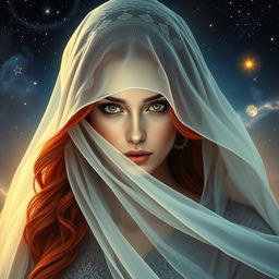A mystical woman oracle with striking long red hair, partially hidden under an ethereal veil that flows gracefully around her jaw, creating an aura of mystery