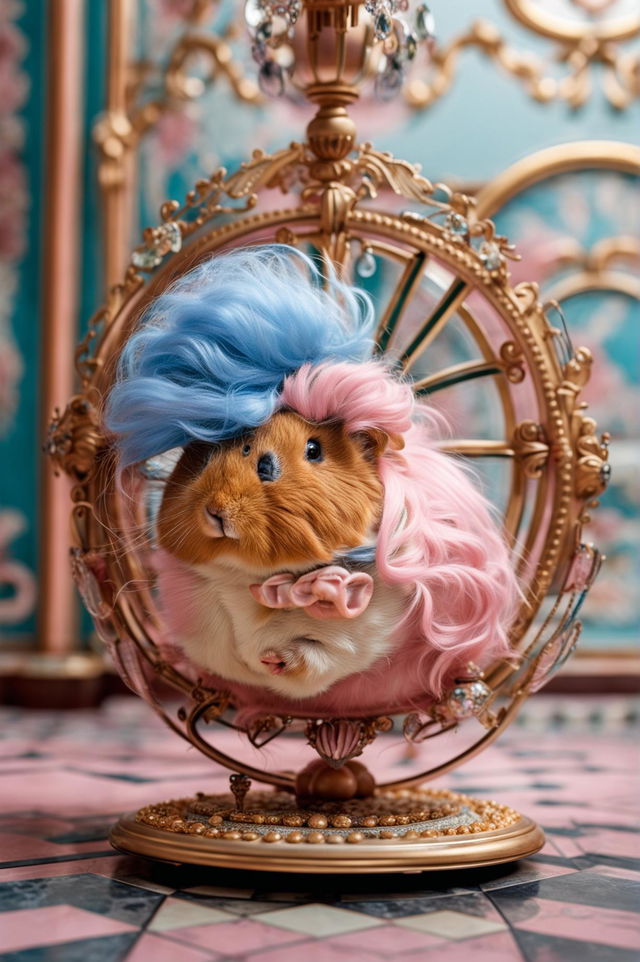 Side profile of a pink guinea pig with a blue wig in a Rococo-style enclosure, running in an ornate hamster wheel.