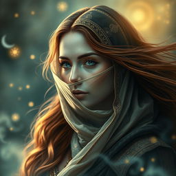 A mysterious woman oracle with flowing brown hair, adorned with a beautiful veil gracefully draped around her jaw, her eyes sparkling with ancient wisdom