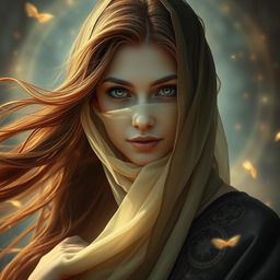A mysterious woman oracle with flowing brown hair, adorned with a beautiful veil gracefully draped around her jaw, her eyes sparkling with ancient wisdom